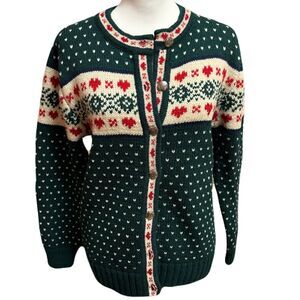Eddie Bauer Heart Pattern Red, Green, White Wool Cardigan | Vintage | Size M